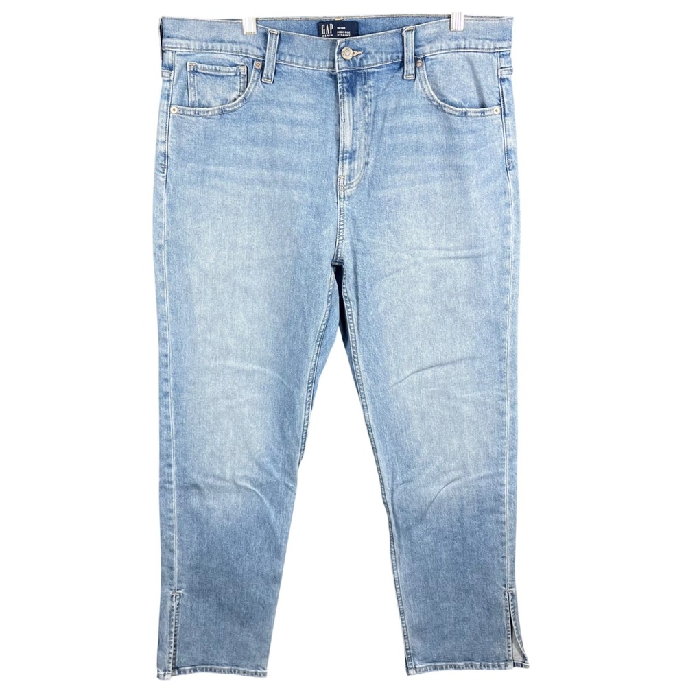 GAP Straight Jeans Women 18 34R Light Wash High Rise Side Slit‎ Denim